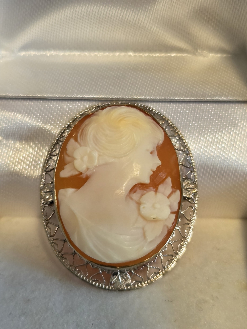 Classic Carved Shell Cameo Brooch in Cream on Amber